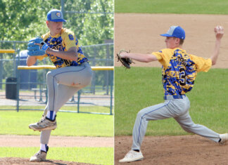 Jaxon Hams, left, and Logan Kriel, right, deliver pitches to the plate during recent home games for Post 117. Kriel has won his last three starts and has been part of two no-hitters this summer. He picked up his third complete-game win of the summer in a 3-2 victory for Post 117 over Park River in game one. Hams joined the no-hit club last week in Post 117’s 1-0 win at Park River in game two with a dominant 11-strikeout performance. (Times file photos)